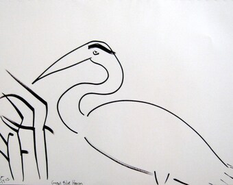 Great Blue Heron Ink Drawing 11 in X 14 in