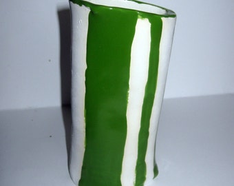 Green\/White Striped Stoneware Vase