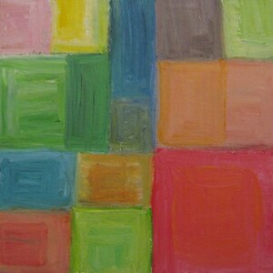 May include: Abstract painting with geometric shapes in shades of pink, yellow, green, blue, brown, orange, and red.