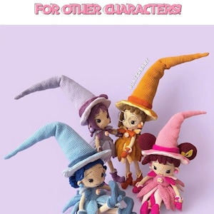 May include: Four crocheted dolls with pointed hats in light blue, lavender, orange, and pink. The dolls feature detailed outfits, round faces, and embroidered eyes. Text at the top reads: CHECK MY ETSY SHOP FOR OTHER CHARACTERS!