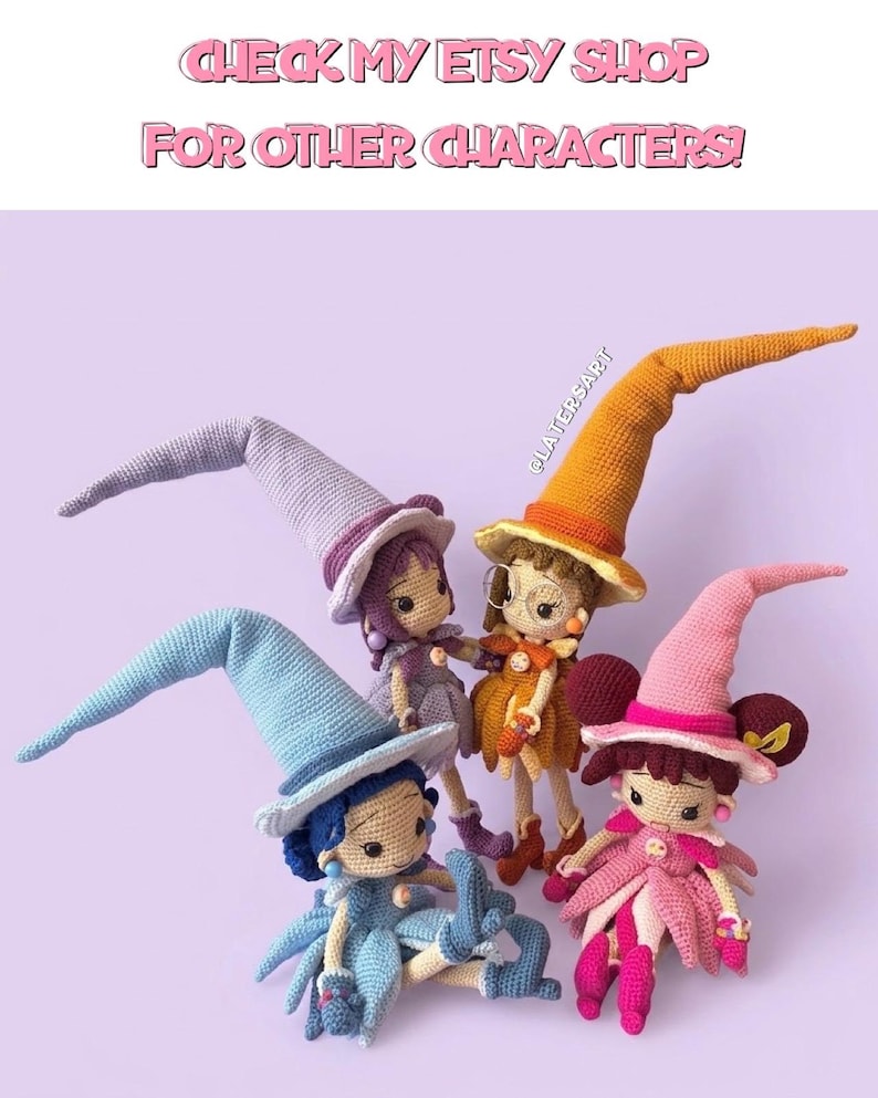 May include: Four crocheted dolls with pointed hats in light blue, lavender, orange, and pink. The dolls feature detailed outfits, round faces, and embroidered eyes. Text at the top reads: CHECK MY ETSY SHOP FOR OTHER CHARACTERS!