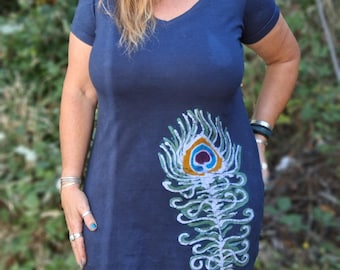 SM/Md Women's handmade batik Peacock feather Ladies' V-Neck Cover-Up Cocktail  dress