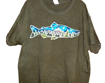Salmon with Mountains and Pine trees Handmade Batik T-Shirt