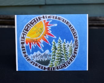 Handmade Batik Sun Card: PNW Mountain Thank You Note