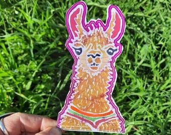 Waterproof Llama Vinyl Sticker: Hand-Painted Design