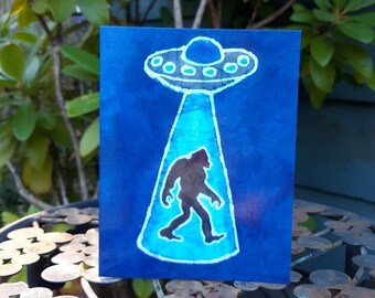 UFO abducting Bigfoot Note Card, Stationary, Sasquatch card