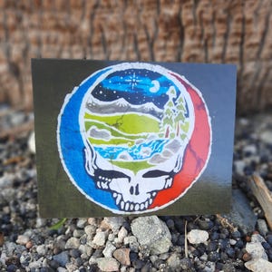 May include: A colorful psychedelic Grateful Dead Steal Your Face logo with a nature scene inside the skull. The scene includes mountains, a river, trees, and a night sky with stars and a crescent moon.