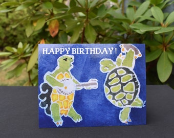 Terrapin Turtles Birthday Card: Handmade Batik, Music Theme