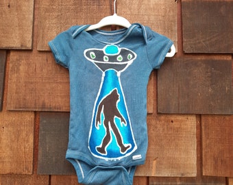 Baby 6-9 months batik UFO beaming up Sasquatch one piece