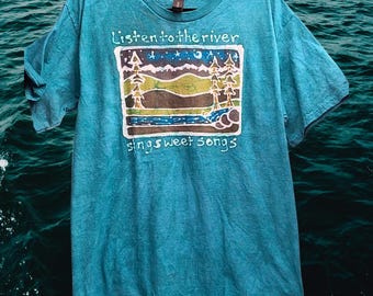 Mens Large Batik Hand drawn Brokedown Palace Listen to the River T-Shirt