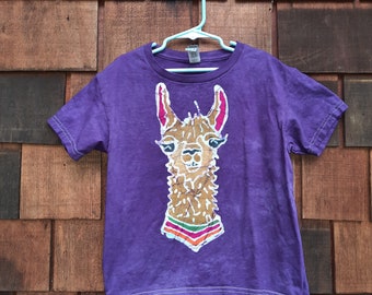 Kids XS 6/7 handmade batik Llama t-shirt