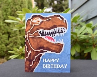 Handmade T-Rex Birthday Card: Batik Dinosaur for Kids