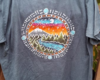 Mens Xl batik Mountain with a river at sunset short sleeve shirt