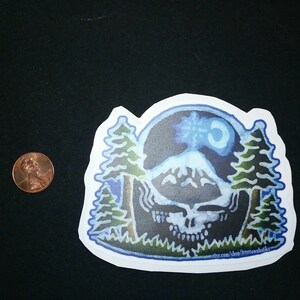 May include: A sticker featuring a blue and green psychedelic skull with a mountain range behind it. The skull is surrounded by trees and a crescent moon. The sticker has a white border and the text "etsy.com/shop/treetownbatiks" at the bottom.
