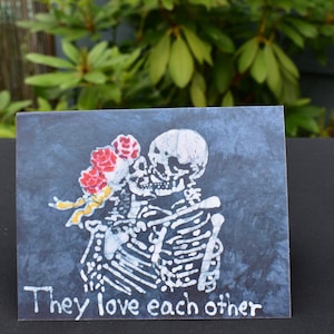 Skeleton's Kissing Card/Anniversary Card/Note Card/ Batik Card/Engagement Card/ Hippie Card/Skeleton card/Grateful Card