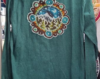 Unisex Large Batik Mountain with circles scene scene design long Sleeve tshirt