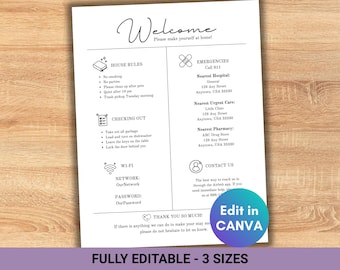 Airbnb Welcome Sign, Editable Vacation Rental Poster, Modern Guest Arrival Sign, House Rules, WiFi Info Sheet Canva Template