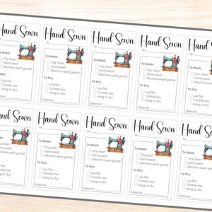 May include: Nine white printable tags with a black border and a sewing machine graphic. The tags have the text "Hand Sewn" at the top and include instructions for washing and drying. The text includes "To Wash:", "To Dry:", "Dry Clean", "Hand Wash", "Machine Wash Gentle", "Lay Flat", "Tumble Low", "Hang to Dry", and "Material".