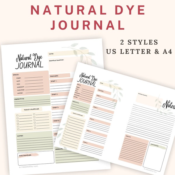 Natural Dye Journal Worksheets ~ Keep track of your Plant Dyeing Experiments with this Dyer's Journal printable US Ltr A4 Instant Download
