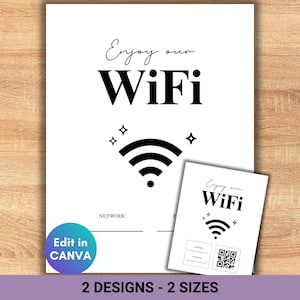 Letrero de wifi, letrero con contraseña editable para huéspedes de Airbnb, código QR, plantilla minimalista editable y personalizada, alquiler, huésped de VRBO, imprimible para pequeñas empresas.