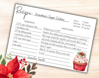 Vintage Recipe Cards Printable Christmas Template, Blank Recipes Card Cute Vintage XMAS Bakery Design, Cookie Swap Handmade Baked Gift Idea