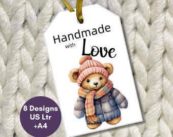 Handmade with Love Tags, Gift Tags for Hand Knit Crochet Christmas Gifts, Teddy Bears Printable Hangtags, Made with Love, Instant Download