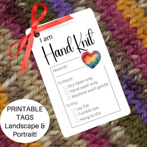 Druckbare Pflegeanleitung für handgemachten Strickartikel ~ I am Hand Knit Geschenkanhänger mit Wäsche Waschanleitung ~ Strickfaser Pflege Karte Hangtag