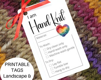 Printable Care Tag for Handmade Knit Item ~ I am Hand Knit Gift Labels with Laundry Washing Instructions ~ Knitting Fiber Care Card Hangtag