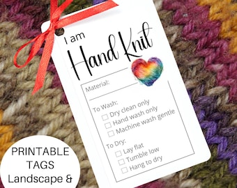 Printable Care Tag for Handmade Knit Item ~ I am Hand Knit Gift Labels with Laundry Washing Instructions ~ Knitting Fiber Care Card Hangtag