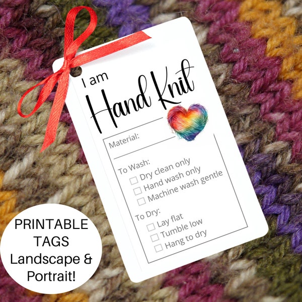 Printable Care Tag for Handmade Knit Item ~ I am Hand Knit Gift Labels with Laundry Washing Instructions ~ Knitting Fiber Care Card Hangtag