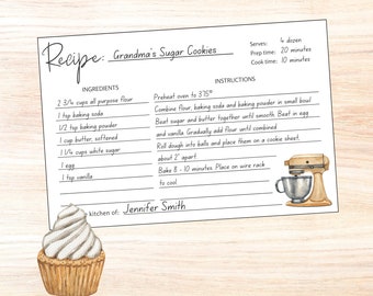 Printable Recipe Card Templates, Blank Recipes Cards Cute Vintage Bakery Watercolor Design, Cookie Swap Handmade Baked Gift Idea