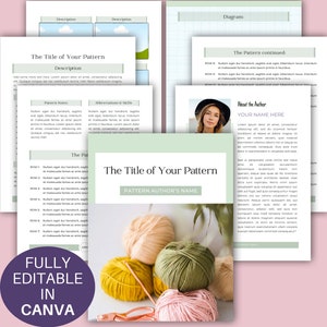 May include: A green, yellow, and pink yarn balls with a knitting needle on a green background. The text "The Title of Your Pattern" is at the top of the page, with the text "PATTERN AUTHOR'S NAME" below it. The text "FULLY EDITABLE IN CANVA" is at the bottom of the page.