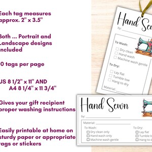 May include: Two printable sewing tags with a vintage sewing machine illustration. The tags include spaces to write "Hand Sewn by:", "Material:", "To Wash:" and "To Dry:" with checkboxes for different washing and drying instructions. The tags measure 2 inches by 3.5 inches.