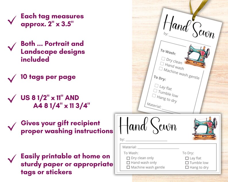 May include: Two printable sewing tags with a vintage sewing machine illustration. The tags include spaces to write "Hand Sewn by:", "Material:", "To Wash:" and "To Dry:" with checkboxes for different washing and drying instructions. The tags measure 2 inches by 3.5 inches.