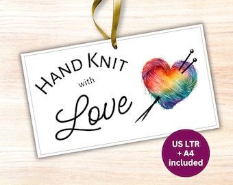 Knitted with LOVE Printable Care Tags, HandKnit Gifts Tag, Knit Item Labels Hangtag, Knitting tags for Handmade, Wash Instructions labels