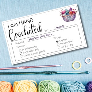 Druckbares Pflegeetikett für handgemachte Häkelgeschenke ~ Ich bin handgehäkelte Geschenkanhänger Wäsche Waschanleitung ~ Fiber Care Hangtag zum Aufhängen