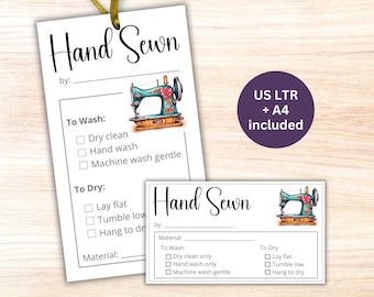 Printable Care Tag for Hand SEWN or Quilted Gifts, Gift Labels with Laundry Washing Instructions, Fabric Fiber Care Card Hangtag