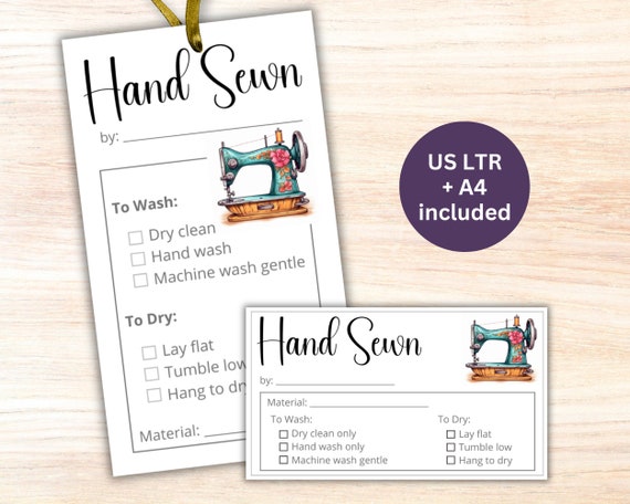 Printable Care Tag for Hand SEWN or Quilted Gifts, Gift Labels with Laundry Washing Instructions, Fabric Fiber Care Card Hangtag