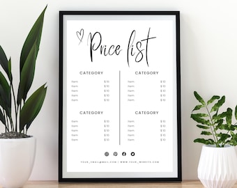 Price List Template, EDITABLE Pricing Sign, Modern Customizable Canva template, Small Business, Art Craft Vendors, Beauty Salon, Minimalist