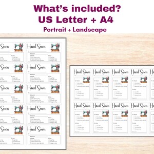 May include: A set of 12 printable hand sewn tags featuring a sewing machine graphic and a checklist for material and wash instructions. The tags are designed for US Letter and A4 paper sizes in portrait and landscape orientations.