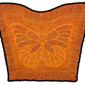 Pode incluir: Um xale laranja de tricô feito à mão com um design de borboleta. O xale é feito com um ponto de renda delicado e tem uma borda festonada.