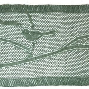 May include: A green woven tapestry featuring a design of birds and branches. The tapestry has a delicate, lacy texture.