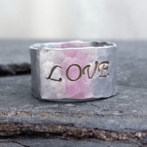 Hand Stamped Love Ring  // Inside Message Ring // Wide Silver Band // Anniversary Gift