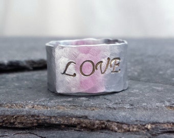 Hand Stamped Love Ring  // Inside Message Ring // Wide Silver Band // Anniversary Gift