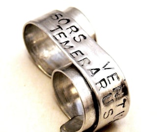 Custom Silver Double Banner Ring - Fortune Favors the Bold Two Finger Ring