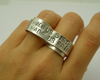 Sterling Silver Double Ring, Personalized Two Finger Ring, Say (almost) Anything on this unisex Banner Ring