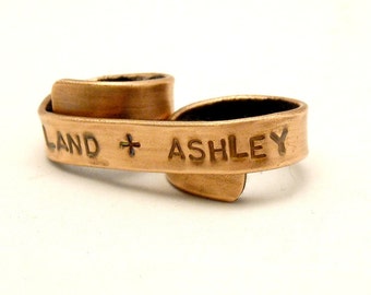 You + Me Custom Two Finger Banner Ring - Copper, Personalized Couples Ring - Unique Gift