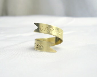 Carpe Diem // Gold Banner Ring // 14k Gold Filled Jewelry // Custom Stamped Ring // Inspirational Quote // Gift under 50