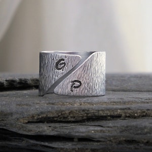 Bark Texture Men&#39;s Initial Ring // Asymmetrical Cuff Ring // Wide Silver Band // Personalized Men&#39;s Ring // Gift for HIM under 50
