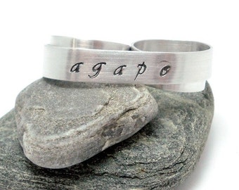 Agape Two Finger Ring - Custom Stamped Double Ring - Silver